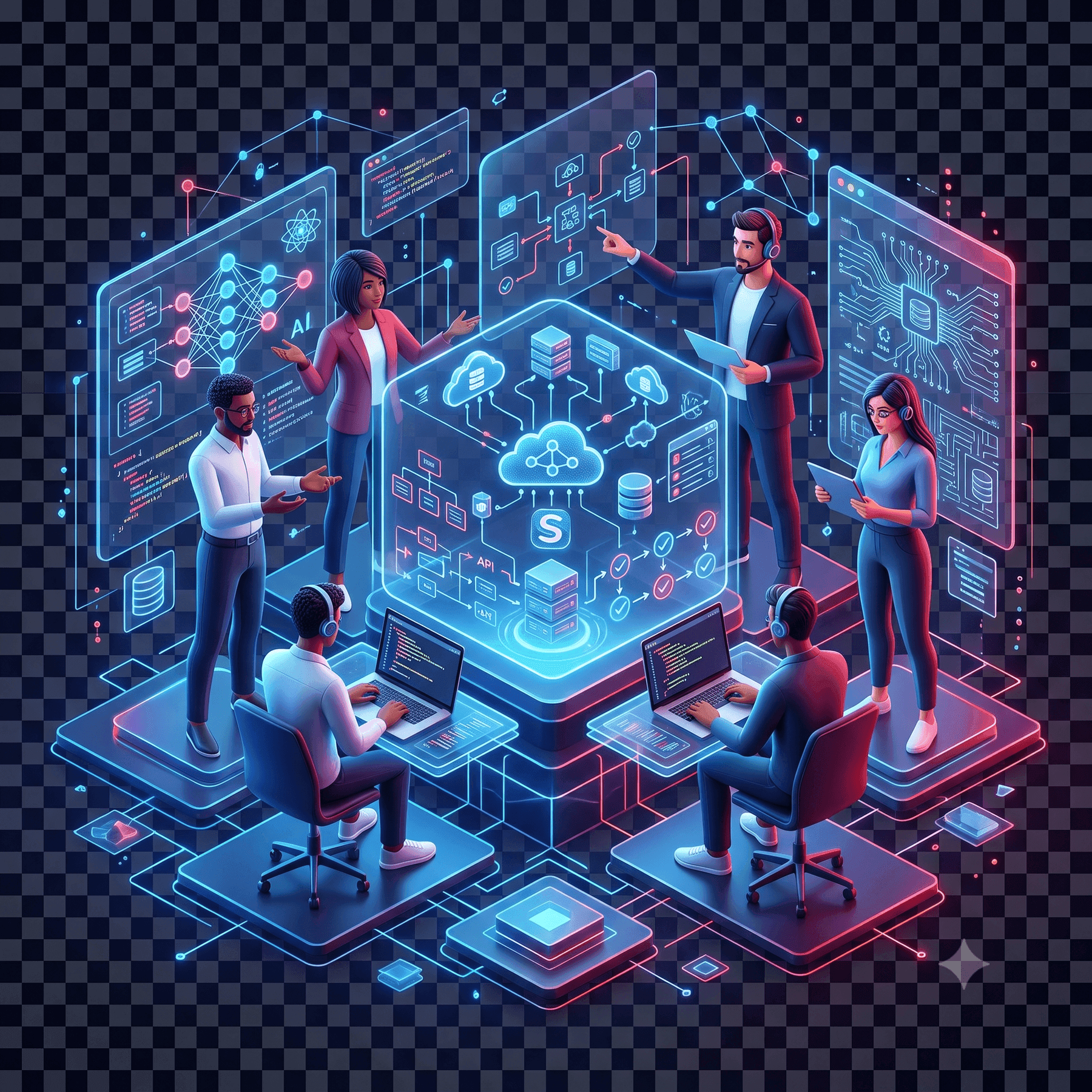 NavikaTech engineers reviewing a system architecture diagram