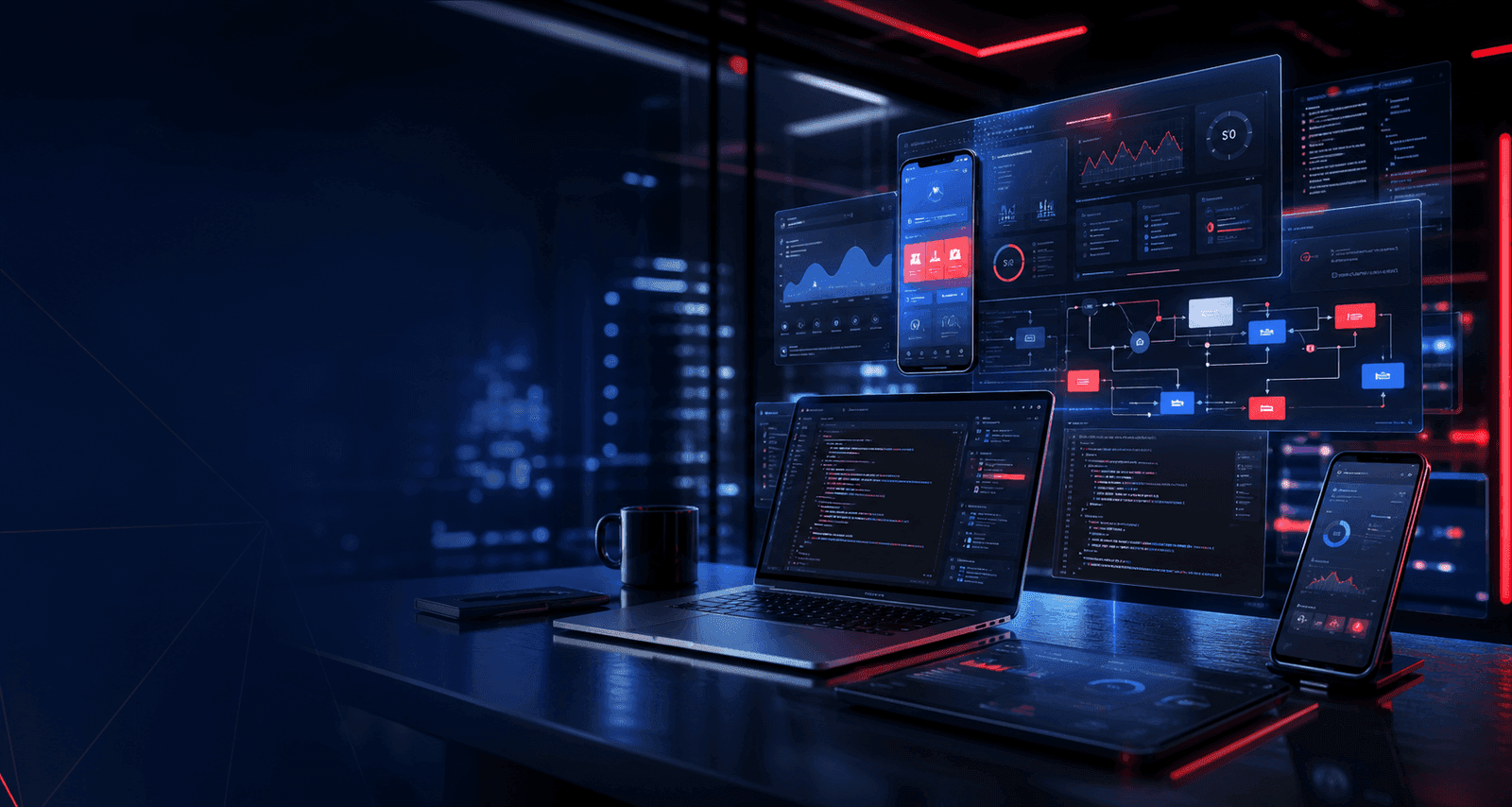 Futuristic software dashboards and app screens representing NavikaTech digital products